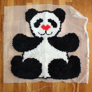 Vintage Latch Hook Black White Red Panda Bear Rug Wall Decor Complete 23" x 24"